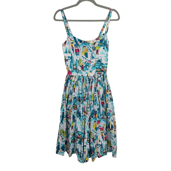 Pinup Couture Swing Dress Womens Small Paris Novelty Print Pink Blue 1950s Retro - Picture 2 of 7
